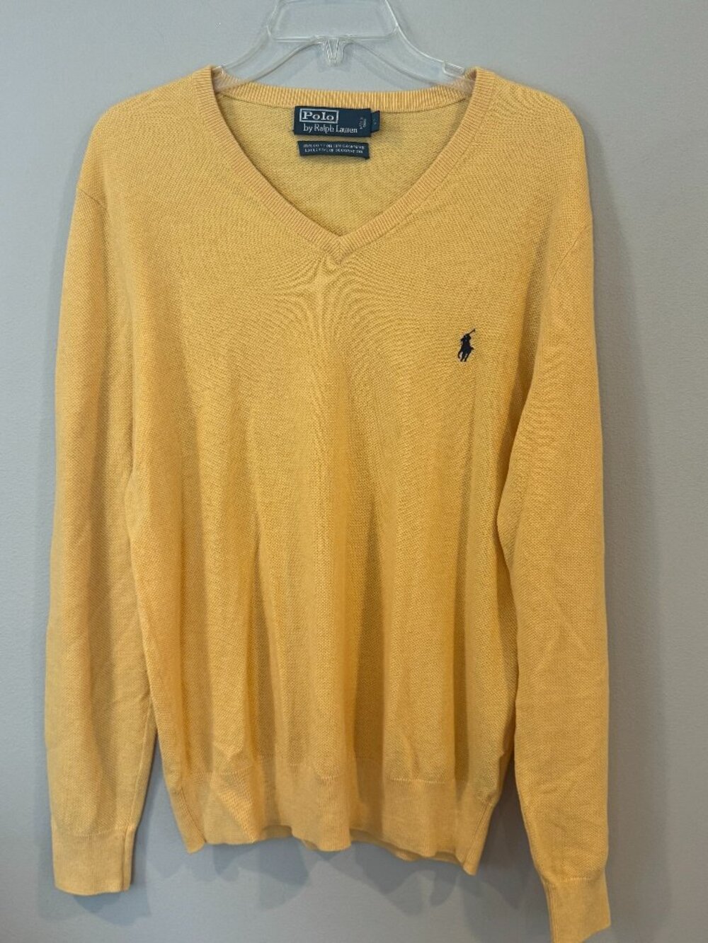 Polo Ralph Lauren Sweater Mens Large Yellow V Neck Cotton Cashmere Pullover Pony